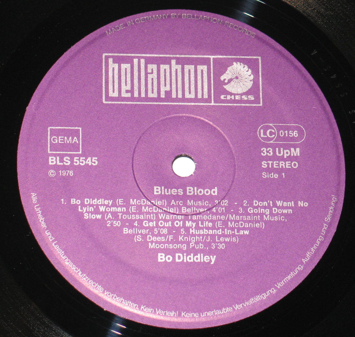 Side One record label of 'Blues Blood Fathers Sons', purple Bellaphon/Chess label with Bo Diddley tracklisting, catalog number BLS 5545, and copyright details.